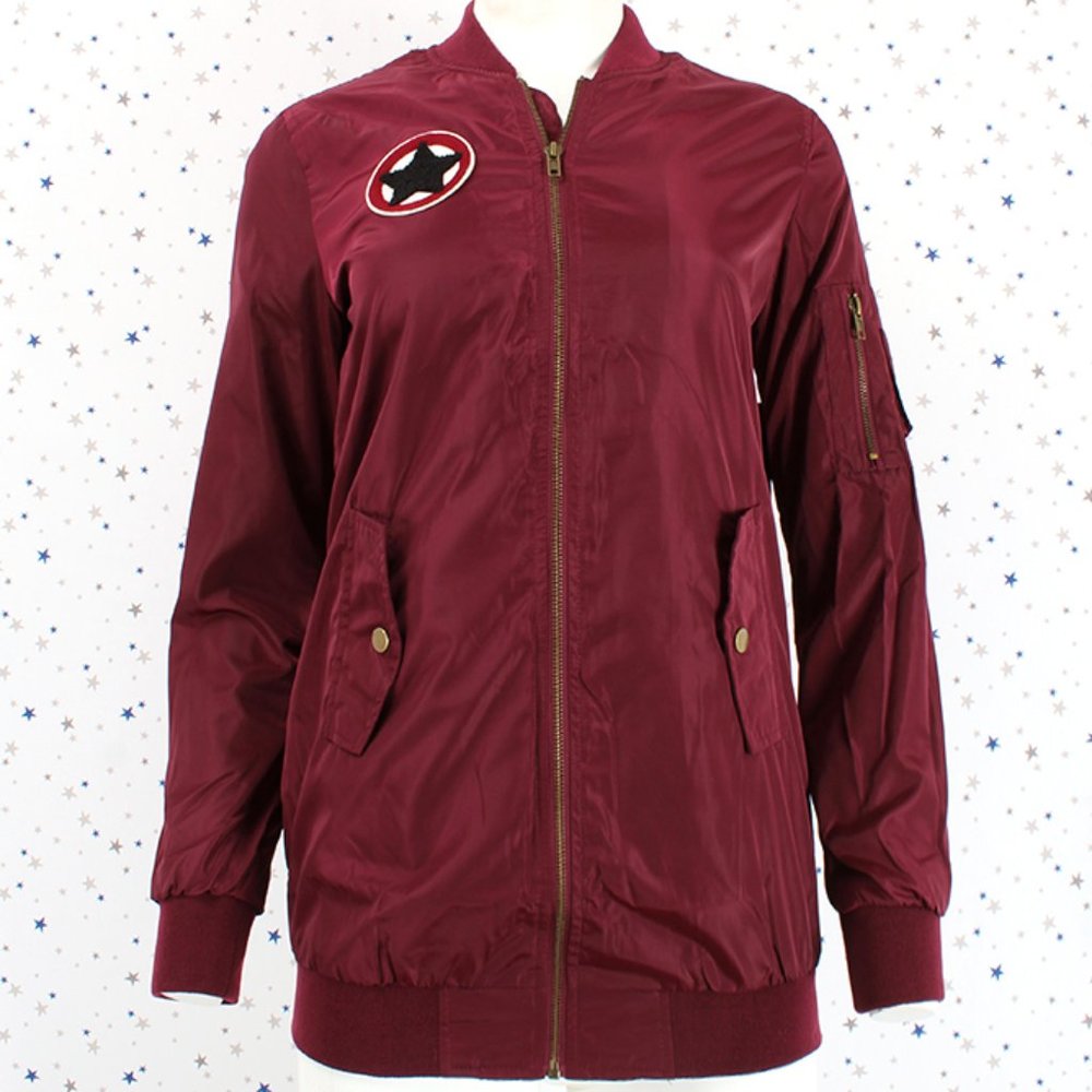 Star Patch Bomber Jacket Burgundy Maroon